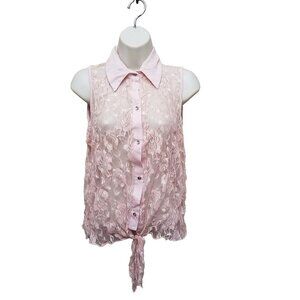 Blu Planet Top Womens Medium Pink Lace Sheer See Through Button Down Blouse M